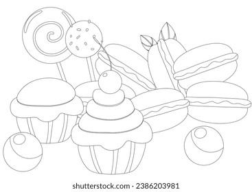 Coloring page. Sweets confectionery donut, muffin, lollipop, macaron. Horizontal banner illustration of sweets in cartoon style.