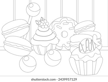 Coloring page. Sweets confectionery donut, muffin, lollipop, macaron. Horizontal banner illustration of sweets in cartoon style.