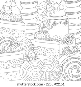 Coloriendo página con dulces. Coloración de postres.  Ilustración vectorial.
