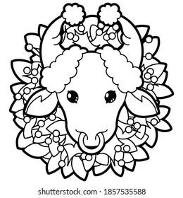 Coloring page with symbol of 2021 new year white bull, head of a white calf with a cap of Santa Claus on the horns, against the background of a Christmas wreath on the neck, with a black wide outline.