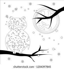 Coloring page with symbol moon, sun, owl. coloring book for adult, antistress, album, wall mural, art, tattoo. Black and white outline illustration.