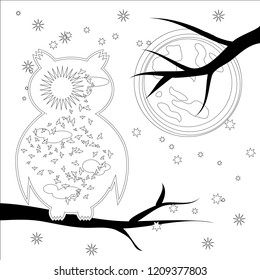 Coloring page with symbol moon, sun, owl. coloring book for adult, antistress, album, wall mural, art, tattoo. Black and white outline illustration.