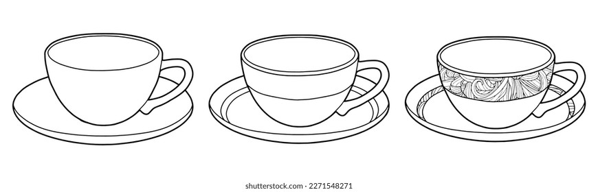 Coloring page. Tea couple. Cup and saucer. Black line. Hand drawing picture.