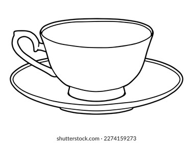 Coloring page. Tea couple. Cup and saucer. Black line. Hand drawing picture.