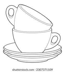 Coloring page. Tea couple. Cup and saucer. Black line. Hand drawing picture.