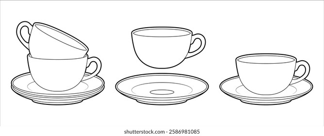 Coloring page. Tea couple. Cup and saucer. Black line.