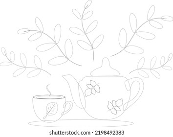 Tetera de la página coloreada y una taza de té entre las hojas. Vector. Líneas en blanco y negro.