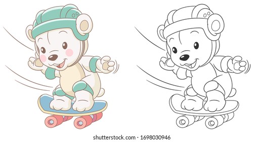 Coloring page with teddy bear. Cartoon animal. Clipart set for nursery poster, t shirt print, kids apparel, greeting card, label, patch or sticker. Vector illustration.