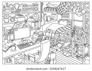 Coloring page. Teenager room interior with furniture and home objects. Cozy children room. Linear sketch vector illustration.