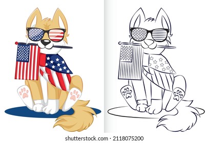 coloring page template with USA independence day concept. Dog Looking Cute in Stars and Stripes Flag Sunglasses.