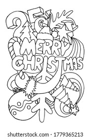 Coloring page. Text Merry Christmas with Christmas tree, toys,  stars, glove, hand, candy, Santa Claus hat. Coloring book for kids. Hand drawn vector illustration.