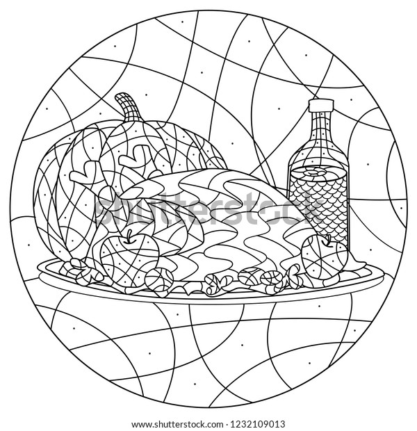 Coloring Page Thanksgiving Dinner Black White Stock Vector Royalty Free 1232109013