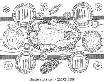 Coloring page with Thanksgiving turkey dinner table top view. Vector overhead view table with turkey and pumpkin pie coloring page