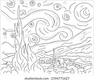 Coloring page with "The Starry Night" based on Vincent van Gogh's painting.	