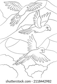 Coloring page. Three cute parrots blue macaw fly and smile.