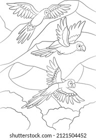 Coloring page. Three cute parrots red macaw fly and smile.