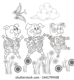 Coloring Page. Three little pigs, Fairy tale. Coloring book. Page one. Coloring page. Illustration for children. Cute and funny cartoon characters