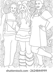 Coloring Page: Three Women in 90s Fashion Poses, Black and white line art illustration intended as a coloring page, featuring three young women striking playful poses in trendy 90s style clothing