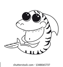 Coloring page Tiger shark with big eyes. Cartoon funny isolated character. Sea print for clothes, cups, poster. Card with cute black shark silhouette on white background. Vector illustration