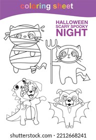 Coloring page for toddlers. Cute animal dress in Halloween costumes. Activity kit for kindergarten students. Cute Halloween illustration. Coloring Halloween worksheet page. Vector illustration file