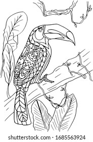 Coloring page with Toucan in the jungle. Hand-drawn coloring book for children and adults. Beautiful drawings with patterns and small detail. See more colorings in the collections. Vector illustration