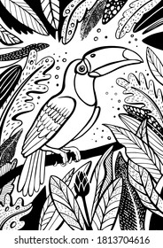 Coloring page with Toucan in the jungle. Hand-drawn coloring book for children and adults. Beautiful drawings with patterns and small detail. Vector illustration.Black and white vector. exotic bird tu