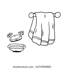 Coloring Page towel and soap. Vector Educational worksheet. Paint game. Elements for coloring book, page, printing, design illustrations in the style of outline for kids.