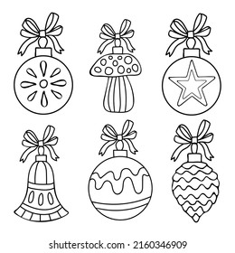Coloring page toy ball set. Christmas tree decoration with patterns and ribbon bow. Hand drawn vector thin line art illustration. Coloring book for children and adults. Black and white sketch.