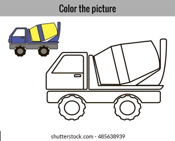 Coloring page with toy concrete mixer. Educational games for children. Vector. EPS 10.