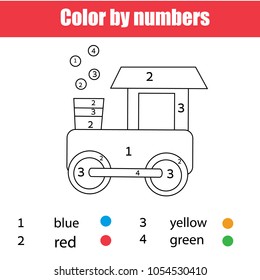 Coloring page with toy train. Color by numbers, printable worksheet. Educational game for children, toddlers and kids pre school age