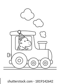 Coloring page with train and dinosaur. Happy Birthday illustration for kids. Kawaii cartoon Tyrannosaurus.