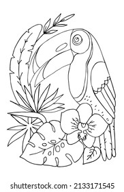 Coloring page with Tropical Bird. Toucan between flowers and leaves. Coloring book for kids or adult. Worksheet. Sketch vector illustration