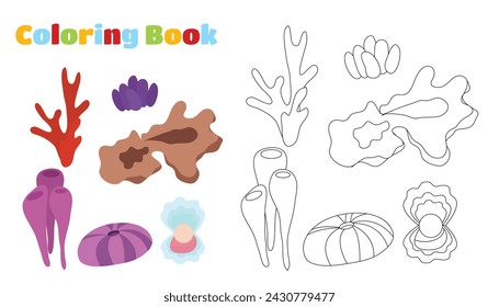 Coloring page. Tropical corals and algae on a white background. Illustration for children in cartoon style.