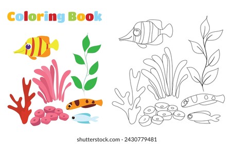 Coloring page. Tropical fish, corals and algae. Illustration for children in cartoon style.