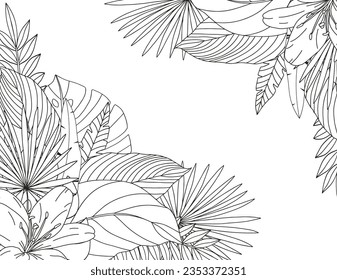 Coloring page of tropical flowers and leaves. Antistress for adults and children.
