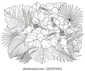 Coloring page of tropical flowers and leaves. Antistress for adults and children.
