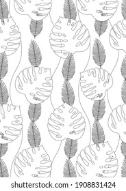 Colorante página hoja tropical. Ilustración del vector de contorno. Hojas de palma, planta de monstera. Libro incoloro para adultos. Plantas de verano, monstera para el colorido. Ilustración del vector A4