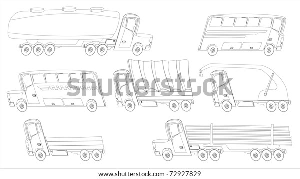 coloring page\
with trucks and buses in cartoon\
style