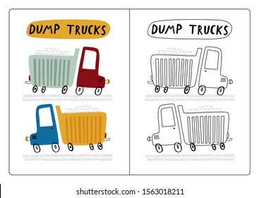 Coloring page with truks. Color the picture. Educational children game, drawing kids activity, printable sheet. For kids.