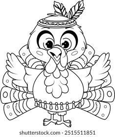 Coloring page. Turkey in Native American Outfit with Feather