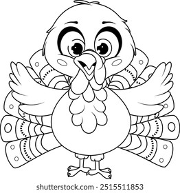Coloring page. Turkey with Wings Raised Up