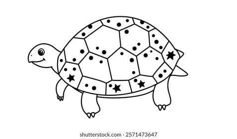 Coloring page of a turtle shell with a pattern of large hexagonal and pentagonal sections.