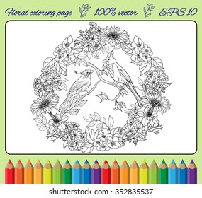 coloring page with two birds in a circle of flowers