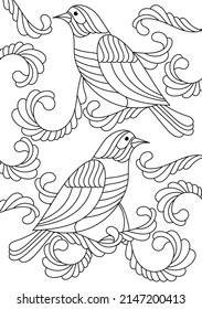 Coloring page of two birds. Line art design. Hand drawn Vector illustration