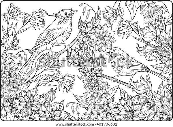 Coloring Page Two Birds On Branches Stock Vector (Royalty Free) 401906632