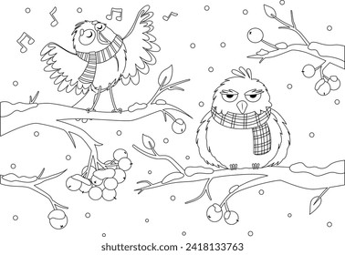 Coloring page with two birds sitting on branches in winter