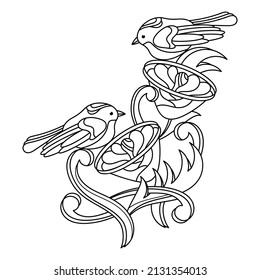 Coloring page . Two birds and stylized flowers. Black and white vector illustration for adult and children.