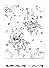 Coloring page with two brave cats the astronauts in outer space, stars, comets, spaceship, earth.
