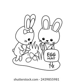 Coloring page with two bunnies hunting eggs. Black and white egg hunt. Color me. Isolated vector illustration eps