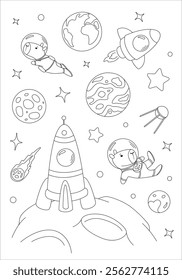 Coloring page with two capybaras astronaut, rocket, moon, and stars. Vector template for children's coloring book, print and poster.